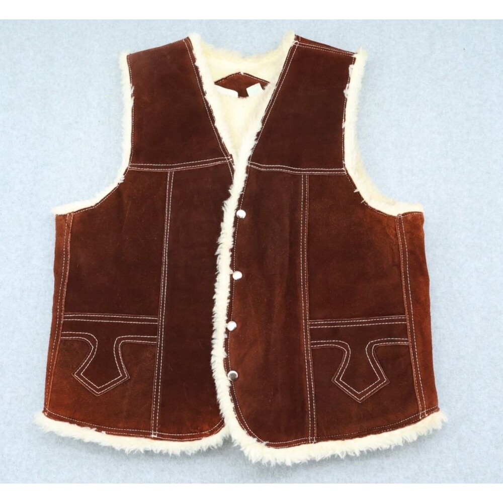 Vintage 70s Style Brown Suede Shearling Vest Snap Button Western Boho Mens XL